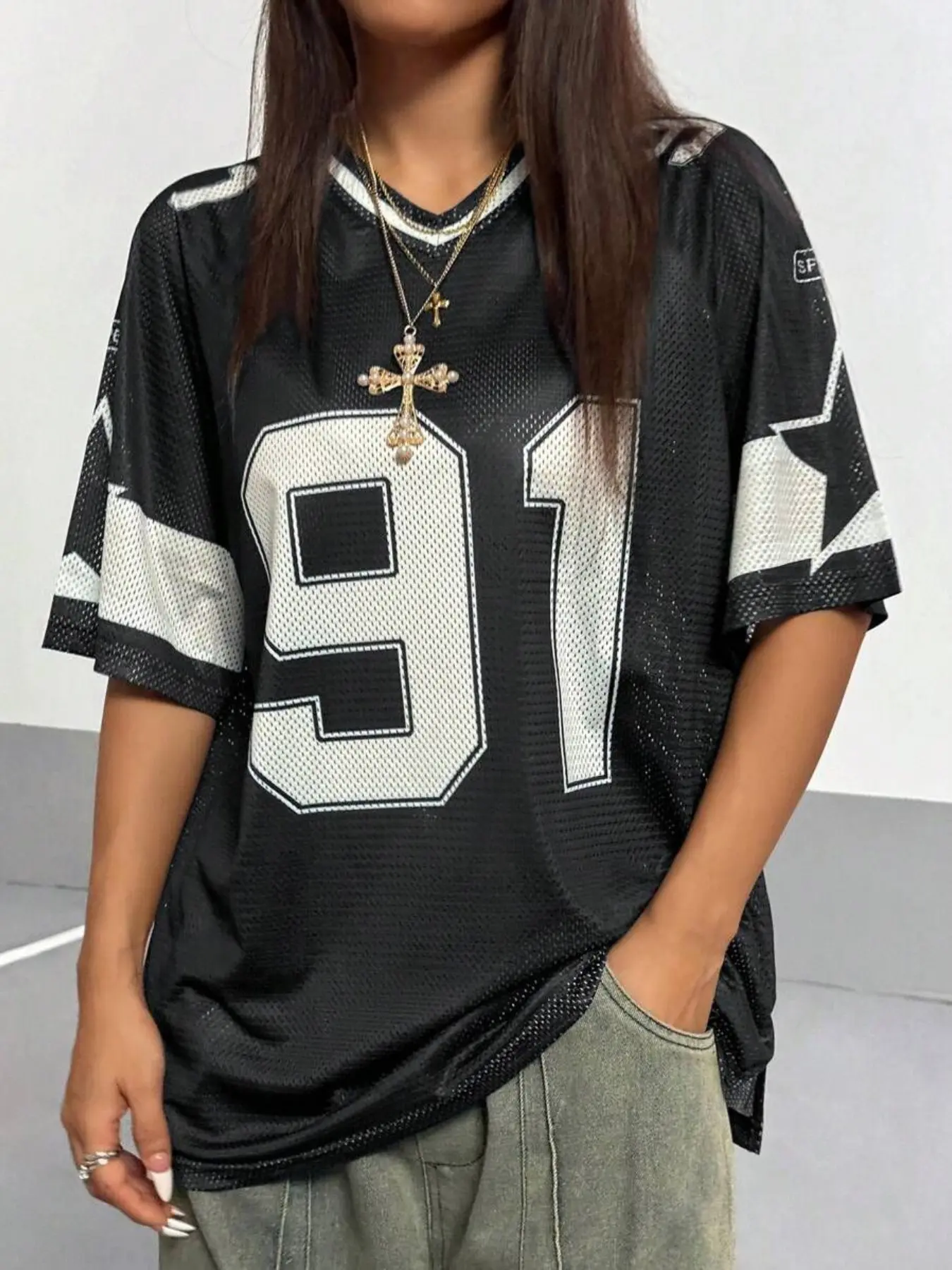Women's 91 Star Mesh Rugby Shirt, V-Neck Short Sleeve Loose Fit Retro Street Style Sport T-Shirt, All Seasons Fashion Top