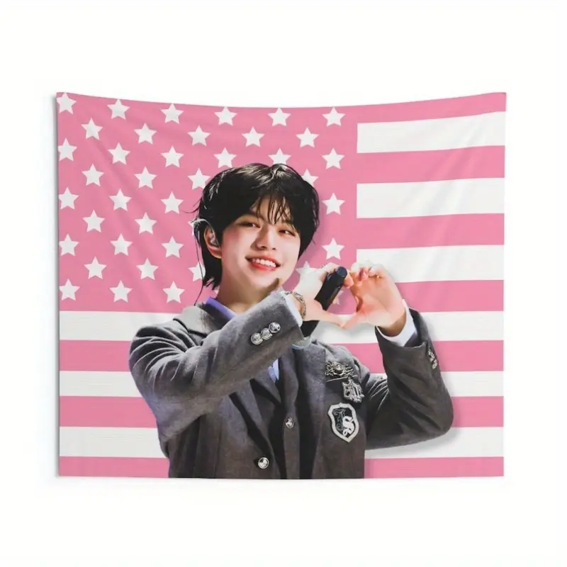1pc Seungmin Smile America Flag Wall Hanging Tour Merchandise Birthday And Concert Gift Ideas Festive Red And White Design with Stars Patriotic Design (Includes Free Installation Kit)
