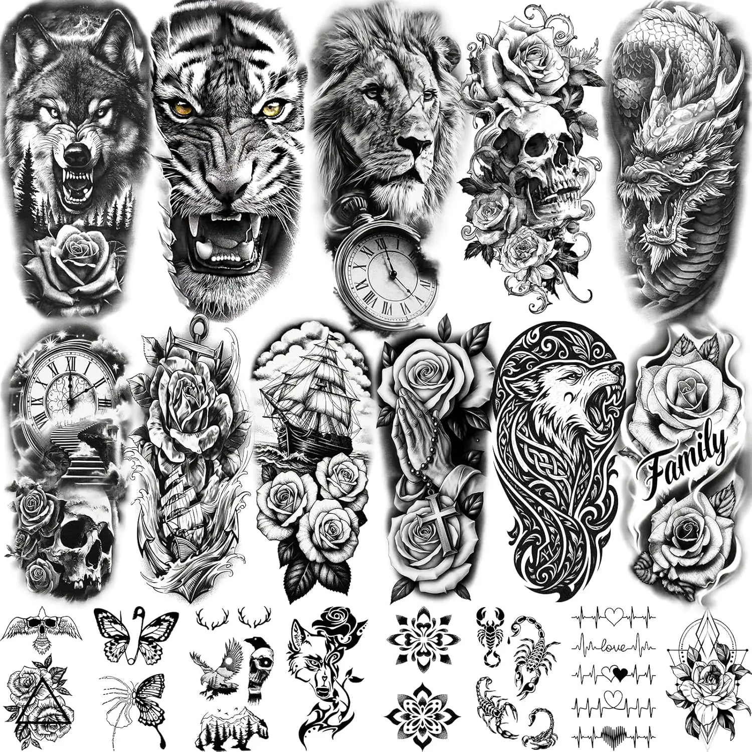 92 Sheets Temporary Tattoos For Men Women Adults,17 Sheets Half Arm Tiger Lion Wolf Fake Tattoos, 75 Sheet Realistic Halloween Scary Skull Tiny Tattoos Stickers for Adult Body Chest Neck