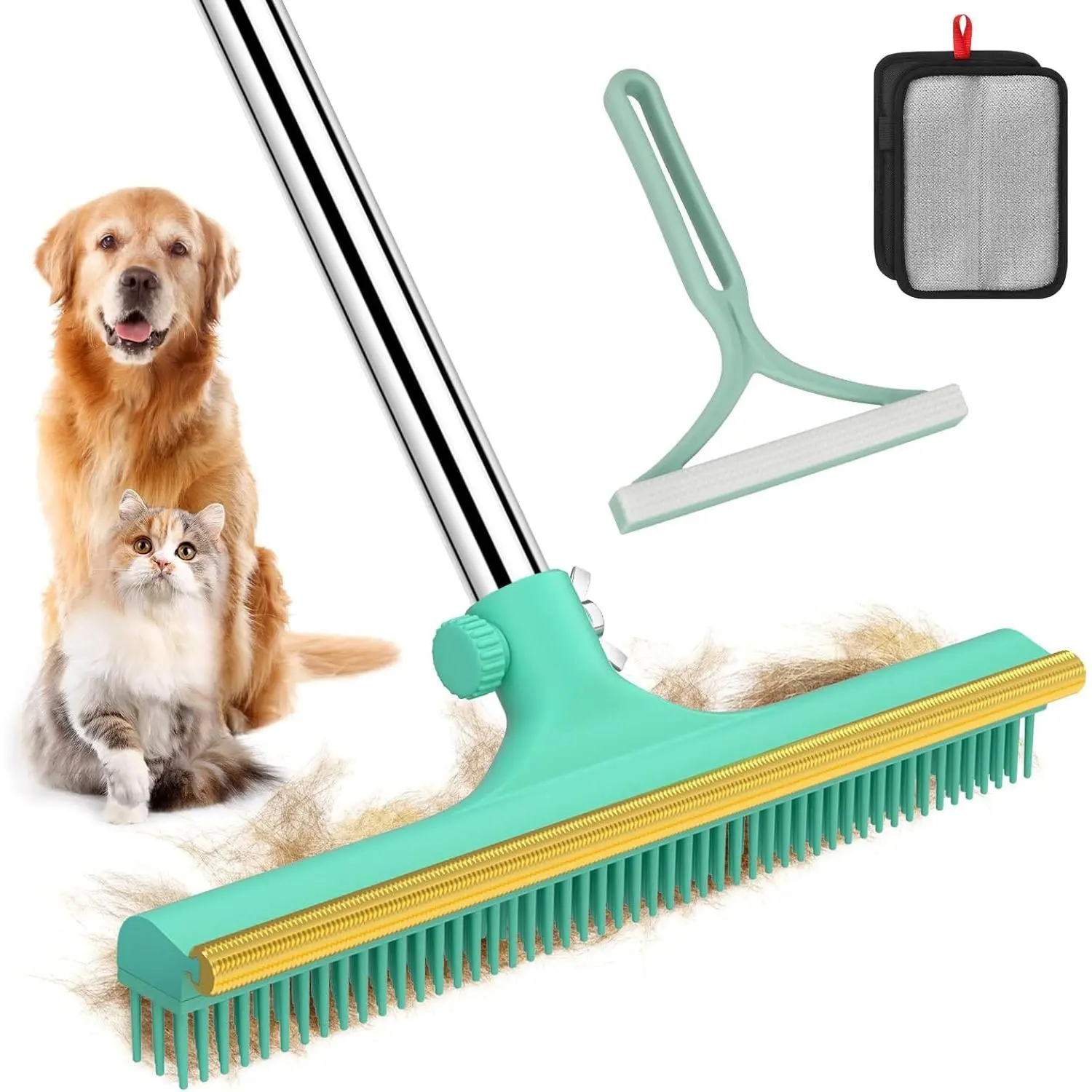 Carpet Rake for Pet Hair Removal - 60" Adjustable Long Handle Carpet Rake, 3 in 1 Reusable Pet Hair Removal Tool Kit, Cat Dog Fur Rakes Scraper Carpet Broom for Carpets, Rugs, Mats