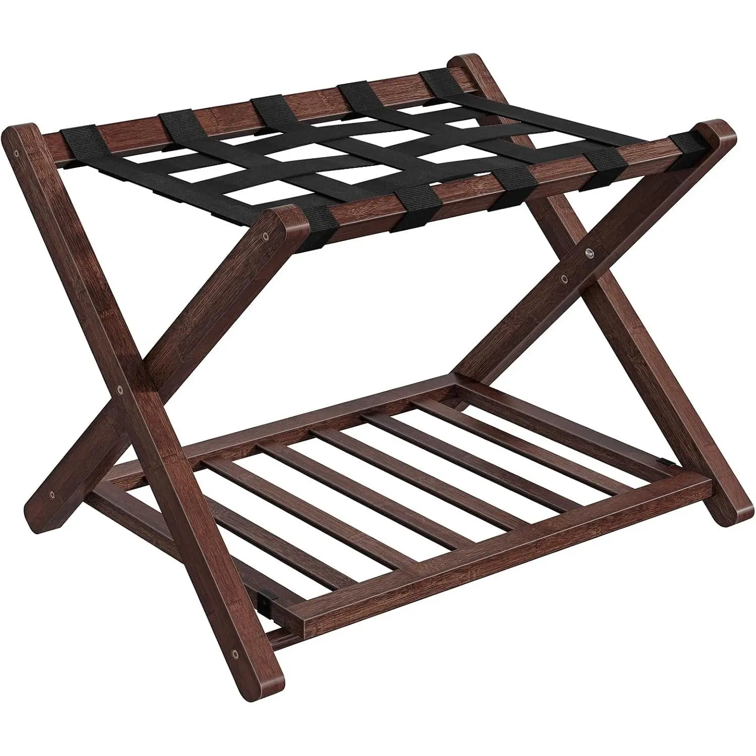 Folding Luggage Rack, Folding Luggage Holder, Bamboo Suitcase Stand for Guest Room, with Nylon Strap Support Shelf, Holds up to 110 lb, for Hotel Bedroom, Brown BR19XL01