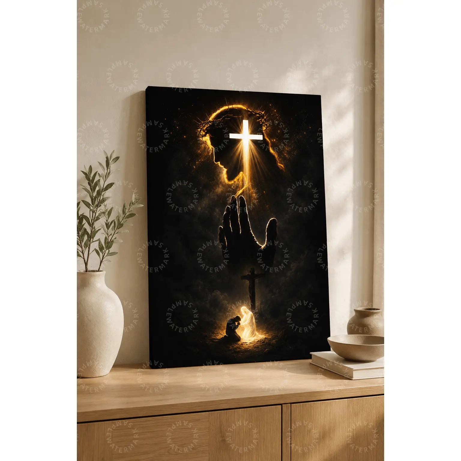 Glowing Cross Christian Canvas Wall Art, Faith Prayer Spiritual Poster, Black Gold Religious Aesthetic Decor for Living Room, Bedroom, Office, Prayer Room, Church, Entryway, Meaningful Gift