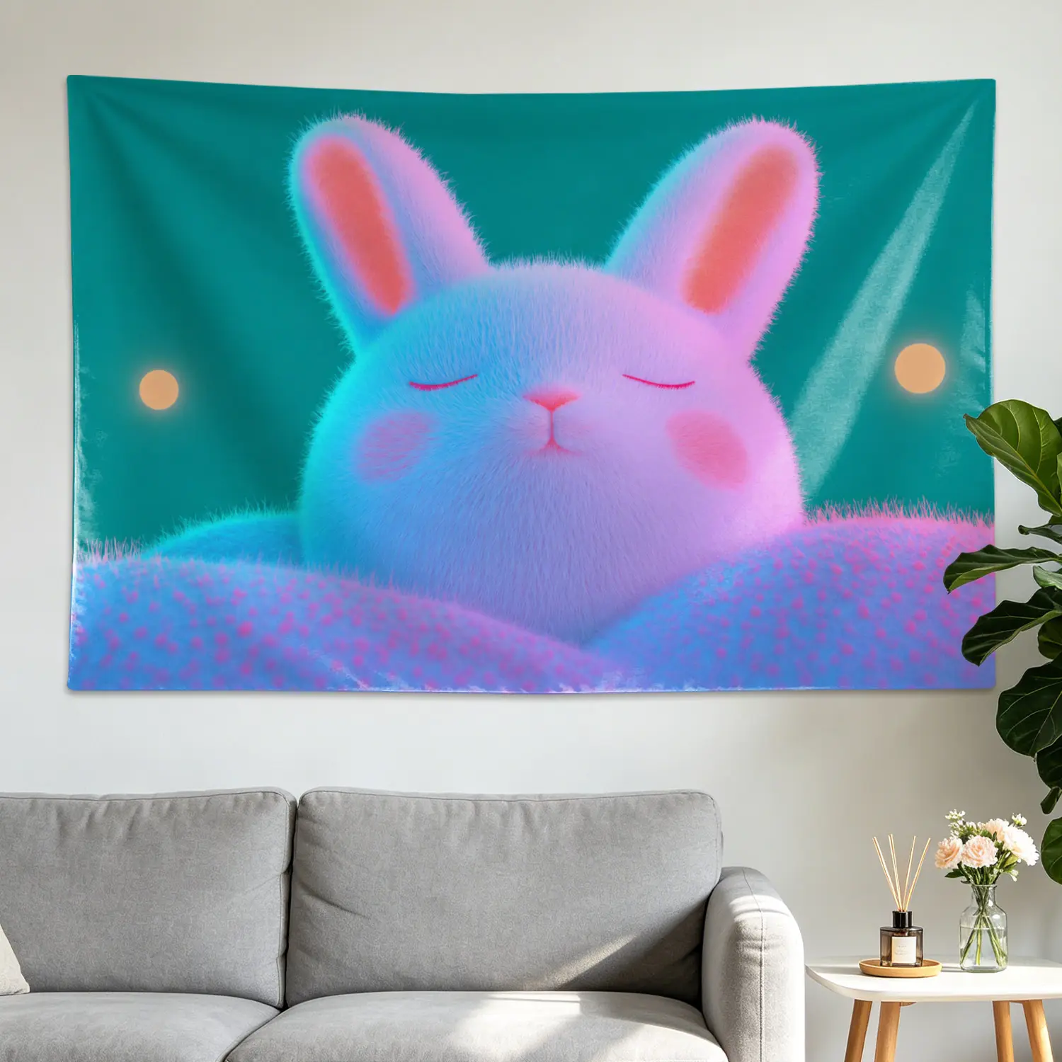 Cute Fluffy Bunny Neon Aesthetic Polyester Synthetic Wall Tapestry - 30x40 inch, 60*40 inches (152.4x101.6cm) Large Horizontal Printed Blanket, All Seasons Hanging for Living Room, Dining Room, No Installation Needed, Gift for Loved Ones, Animal