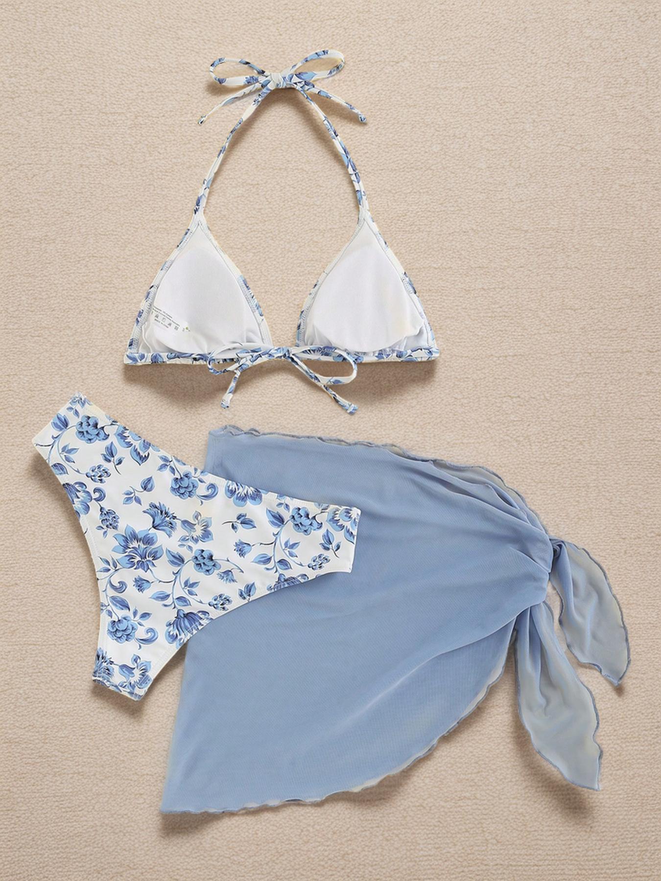 Three-Piece Set Women's Floral Print Bikini Set, Casual Halter Triangle Swim Bra & Swim Panty & Plain Knot Side Cover Up Skirt, 2024 Summer Swimsuit for Beach Vacation