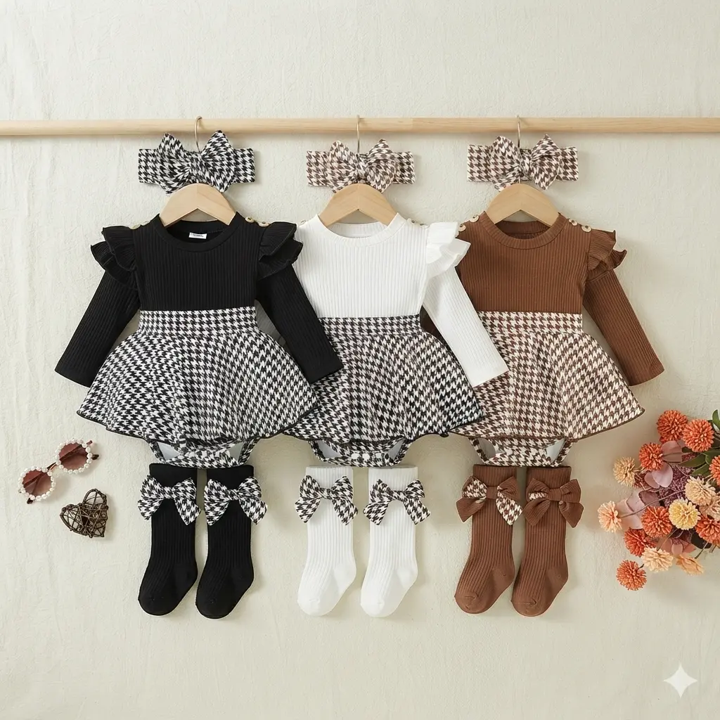 Baby Girl Cotton Blend Fall Romper Dress - Long Sleeve Houndstooth Print, Headband Set, Long Socks, Prop 65 Safe