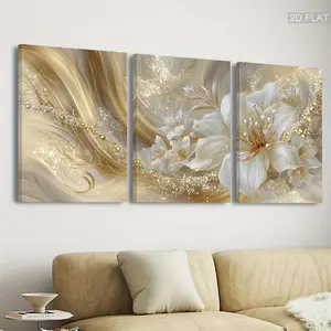 2D flat painting, 3-piece set of framed floral canvas wall art, suitable for living room, bedroom, kitchen--modern luxurious gold glitter plant print painting, framed vertical decorative painting/decoration for narrow spaces and vintage poster, 2D flat pa