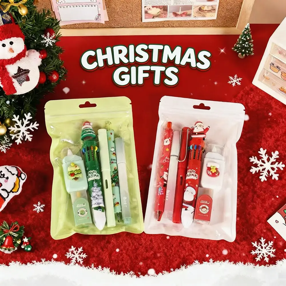 6-Piece Christmas Stationery Set, Includes 6 Pens, Eraser, Correction Tape, Perfect Gift for Students, Ideal Back-To-School Reward