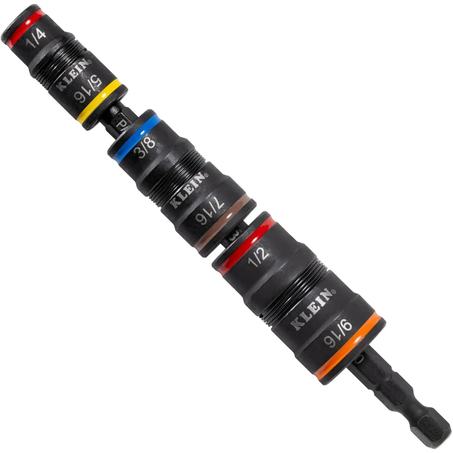 Klein Tools 32933 Impact Driver, SAE 7-in-1 Impact Rated Socket Set, 3 Flip Sockets with 6 Hex Driver Sizes and 1/4-Inch Bit Holder, 5-Inch Shaft