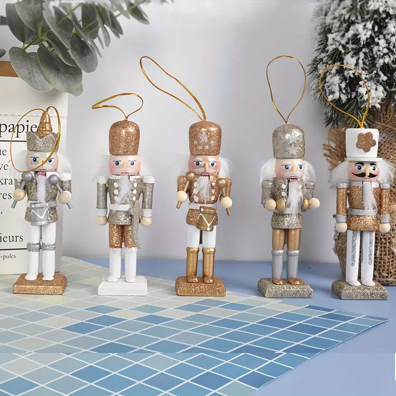 5pcs Rustic Nutcracker Ornaments Set, Golden Glitter Wooden Soldiers, Classic Christmas Tree Hanging Decor, Festive Holiday Accents, No Feather, No Power Needed