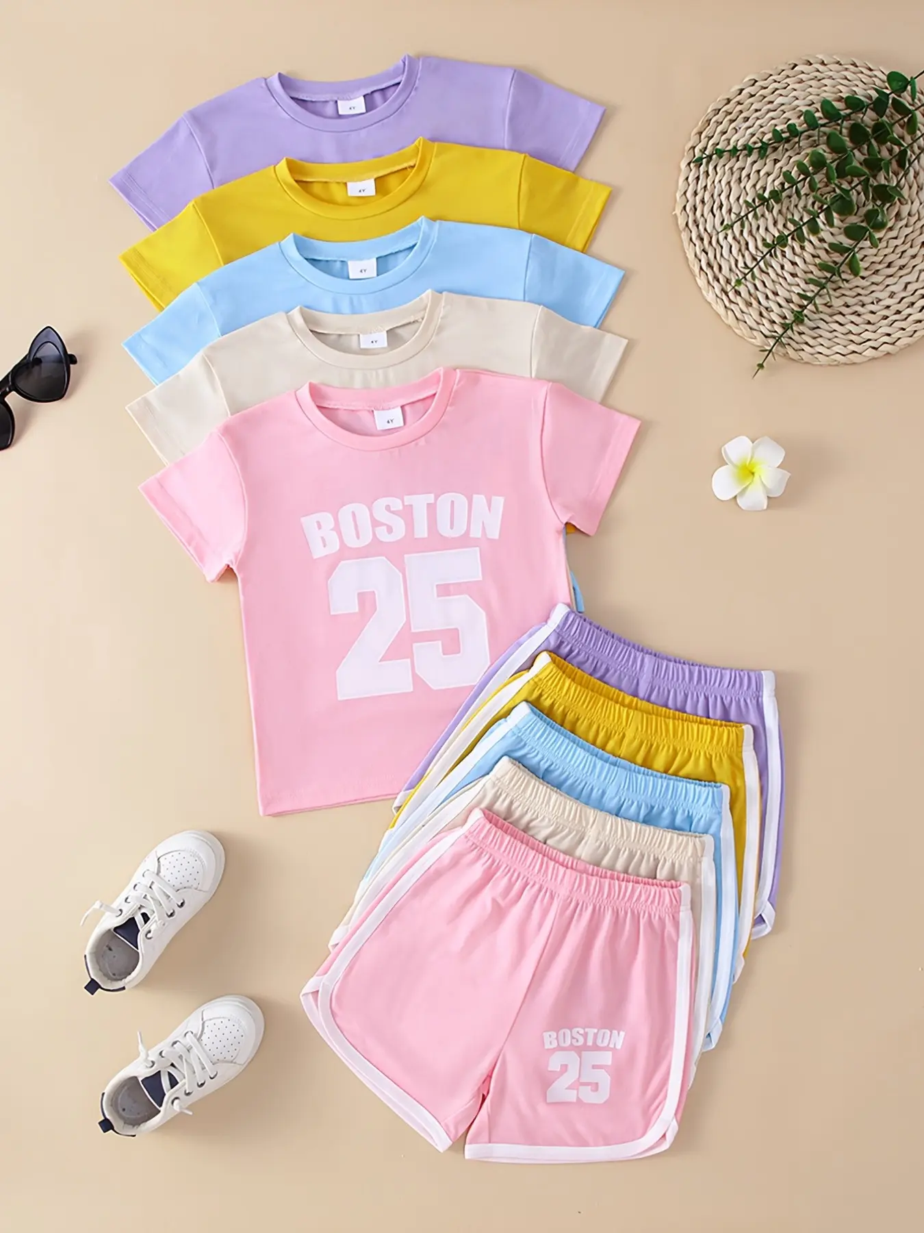 Girls' Casual Boston Letter Pattern Knit Set, Soft Knit Short Sleeve T-Shirt & Shorts, Outdoor Leisure Wear, Summer Clothing Set, Summer Clothes Set