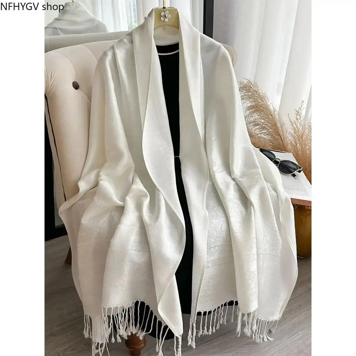 Women Tencel Boho Paisley Print Pashmina Shawl, Tassel Decor Wrap Scarf, Seasonal Shoulder Accessory For Ladies Fall Winter Daily Travel Outdoor Styling Use