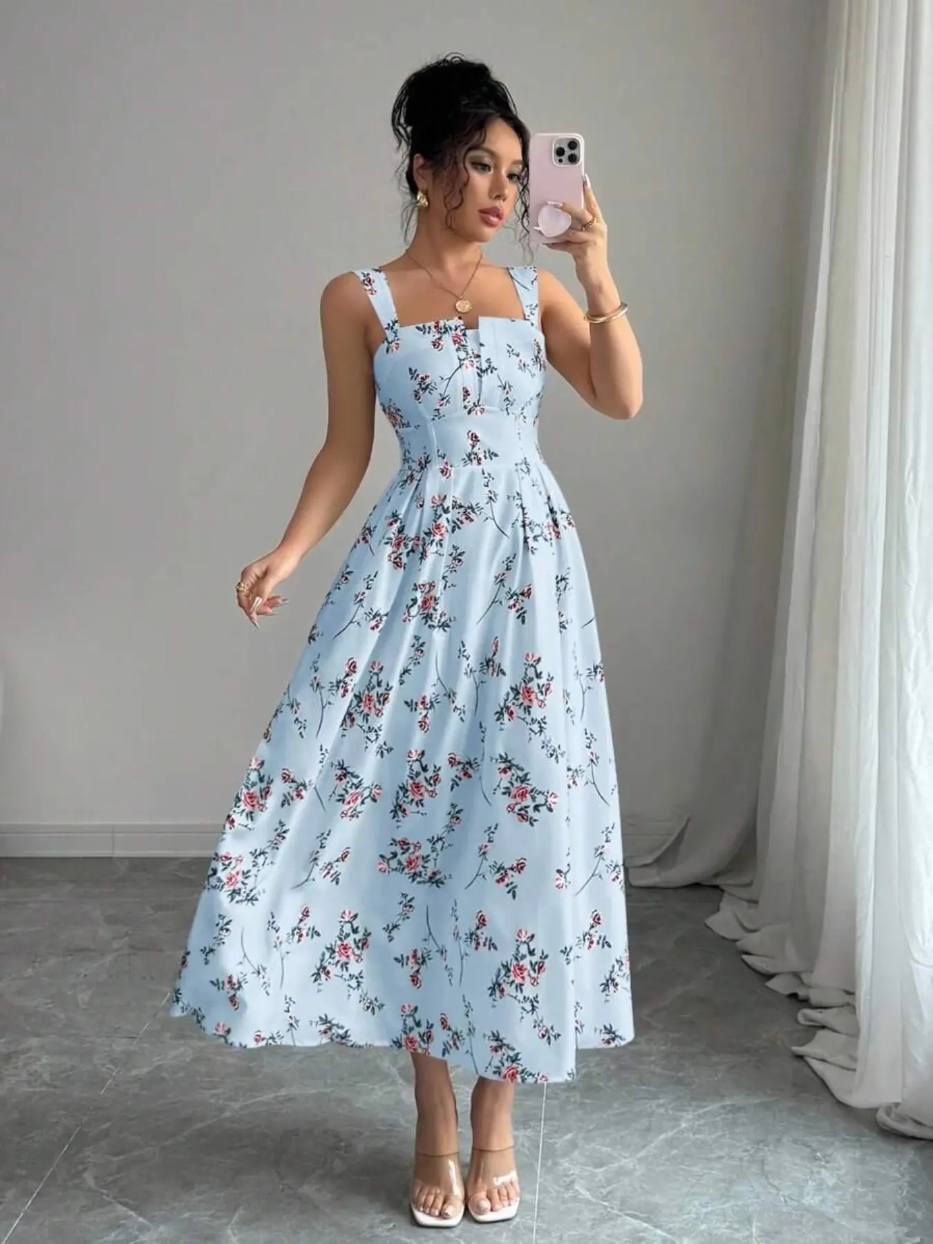Spring Summer New Arrival French Style Feminine Chic Floral Pattern Thin Strap Lightweight Long Dress, Elegant All over Print, Unlined, Plain Surface, 88.2 G/m²