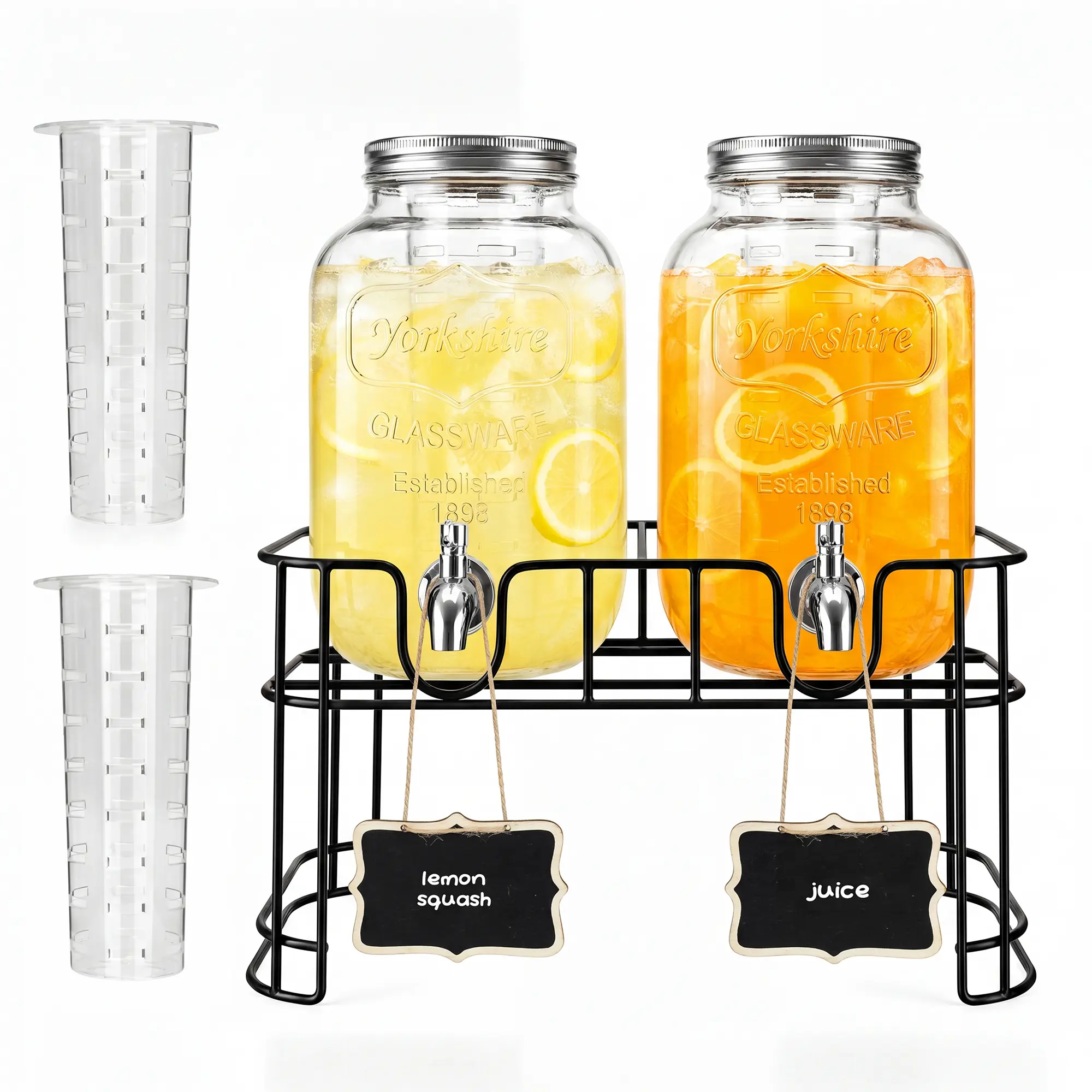2 Pack Glass Drink Dispenser with Metal Stand, 4L Beverage Dispenser for Parties, Large WaterJuice Dispenser, Party Drinks Container