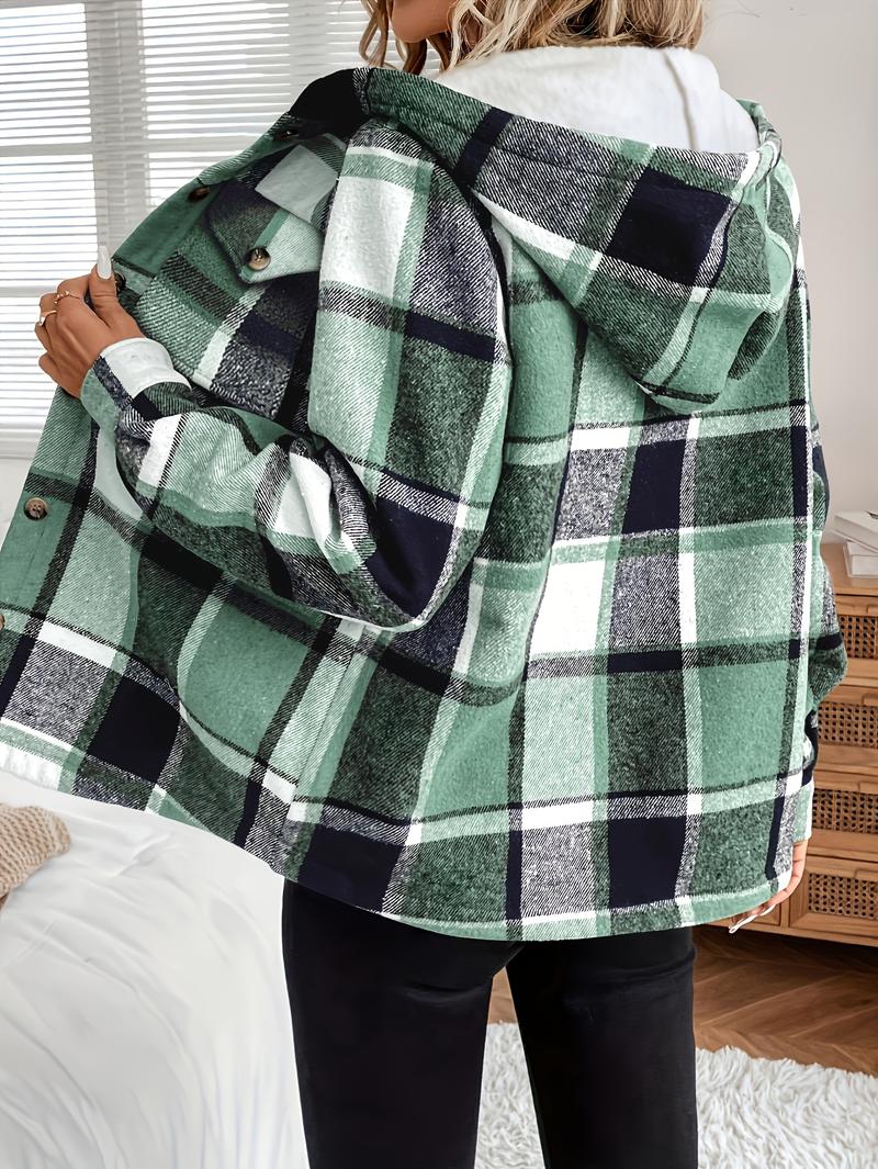 Women's Casual Plaid Hooded Jacket with Fleece Lining 100% Polyester Woven Shirt Button Detail All-Season Warmth Lightweight Outerwear Coats Fitted Khaki Long Sleeve Tops