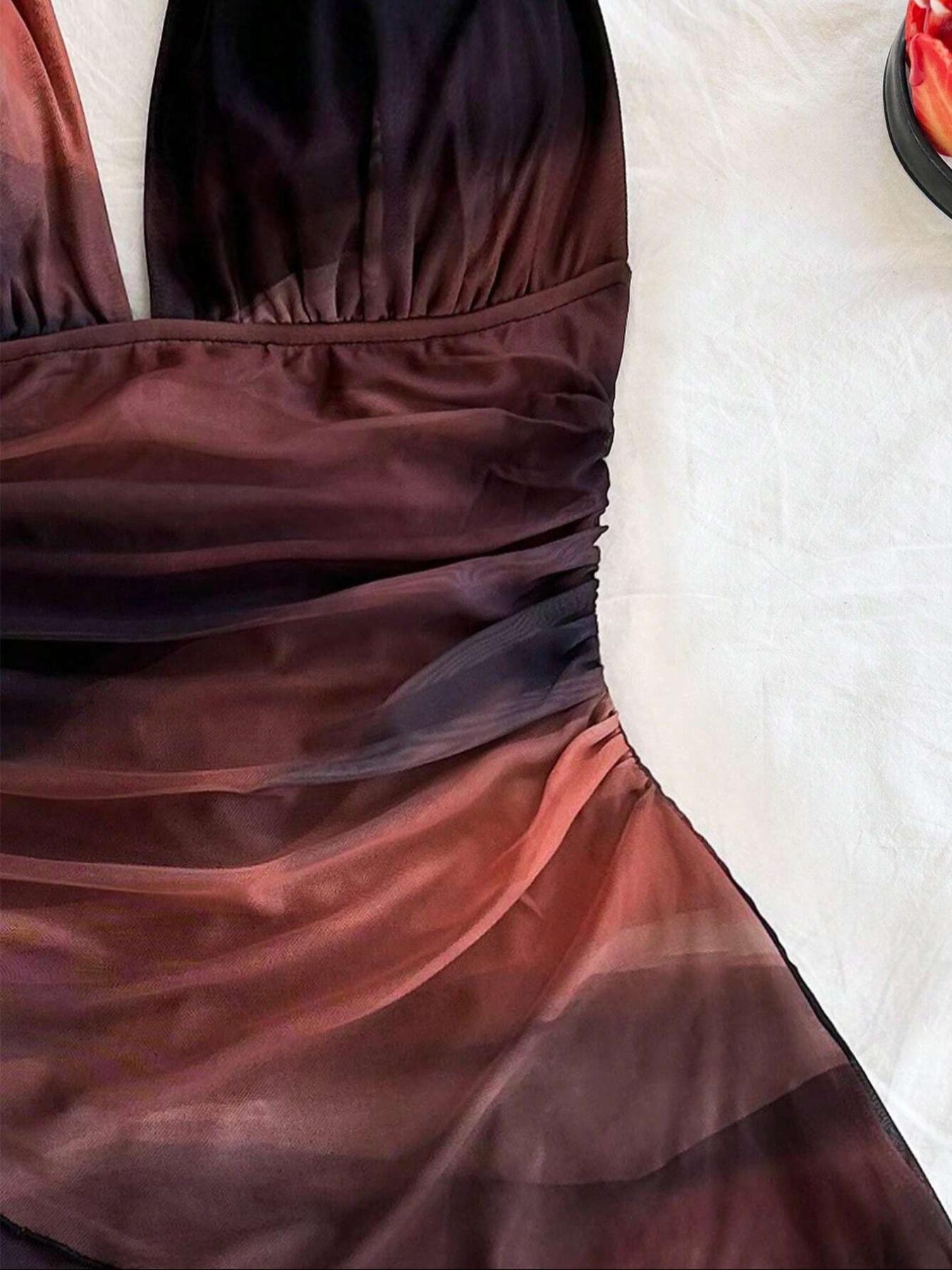 Women's Colorblock Print Tie Back Fashion Draped Dress, Chic Casual Halter Sleeveless Dress for Summer, Ladies Clothes for Beach Holiday Vacation