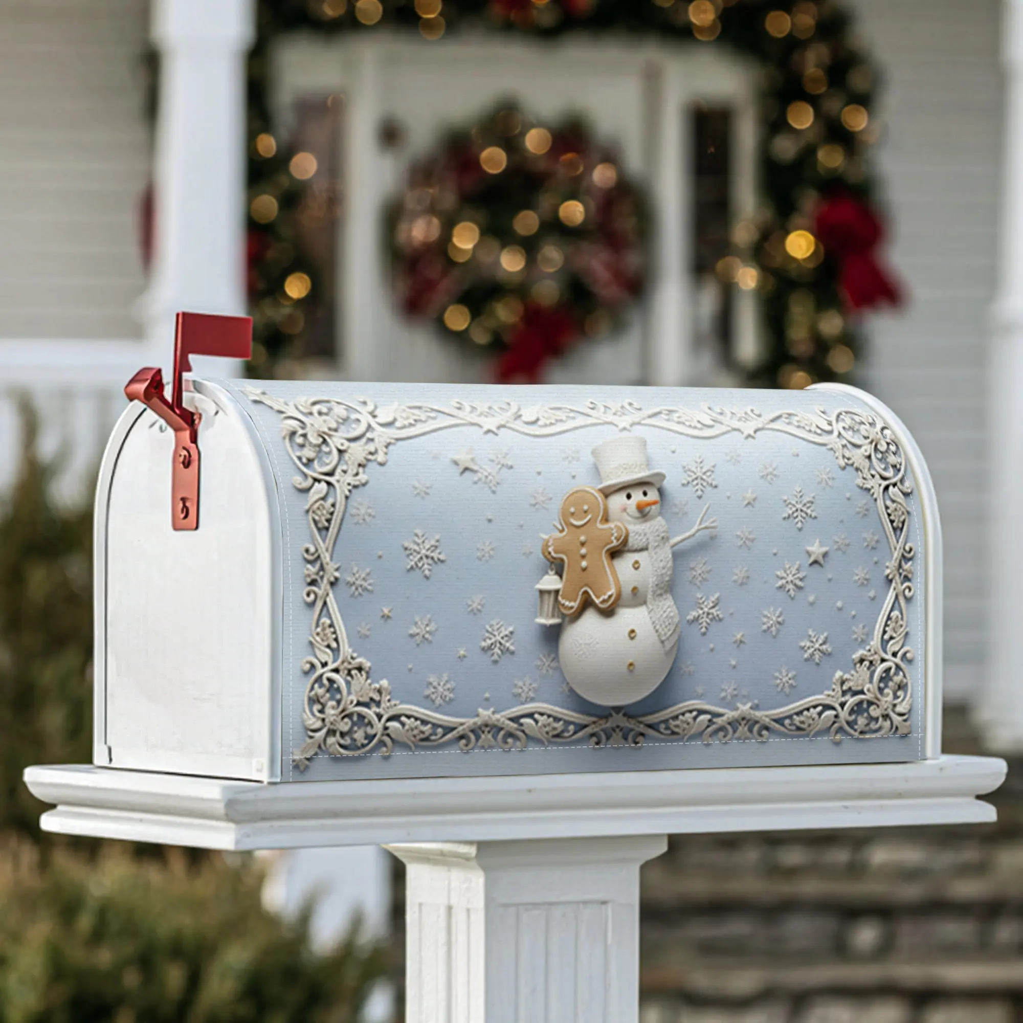 snowman Magnetic Mailbox Covers, Christmas festive gingerbread man snowflakes Christmas light blue Mailbox Skin for Front Yard Decor