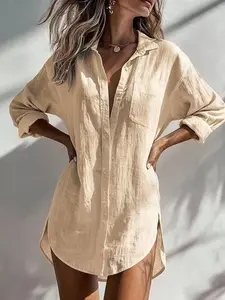 Women's Cotton Linen Long Sleeve Shirt, Casual Daily Wear, Breathable Comfort, Loose Fit, All Seasons, Home & Vacation Style
