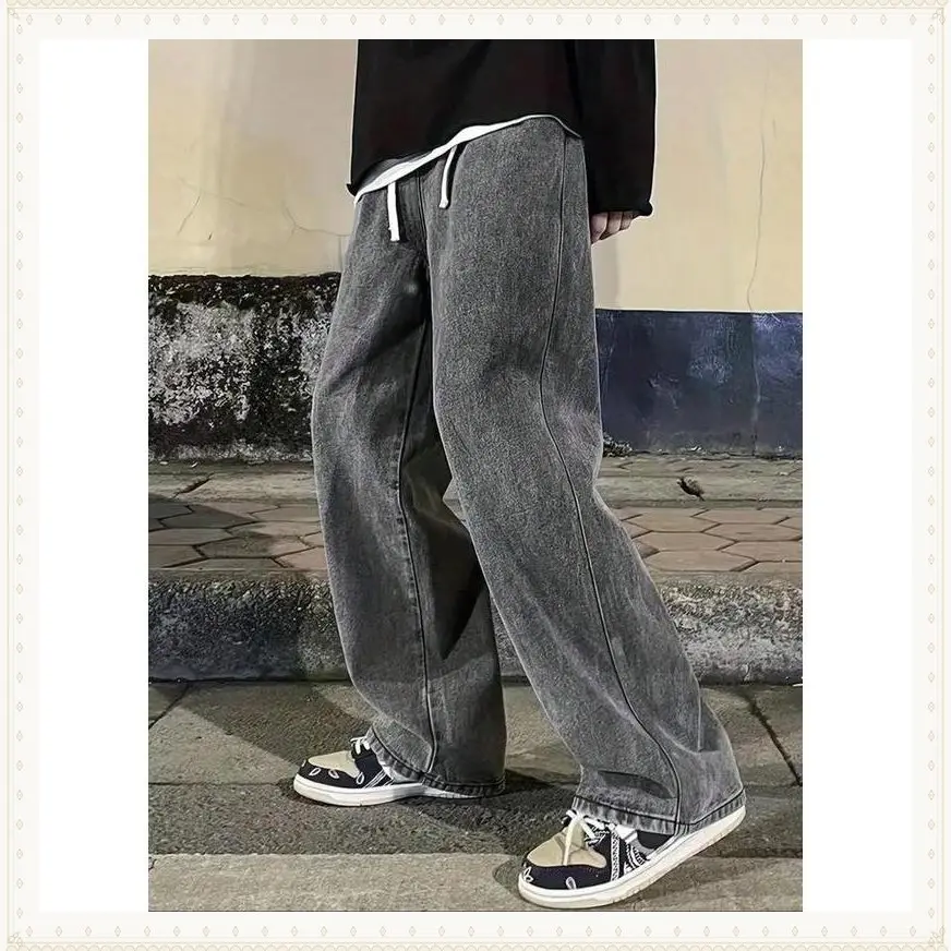 Men's Wide Leg Jeans, Regular Fit Casual Comfy Denim Trousers for Daily Wear, Woven Bottoms for All Seasons