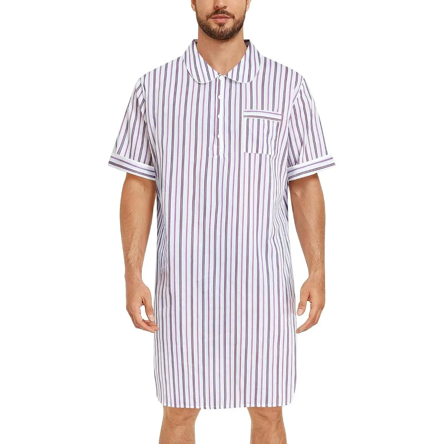 Men's Nightshirt 100% Cotton Short Sleeve Nightgown Button Down Sleep Shirt Soft Sleepwear Comfy Nightwear