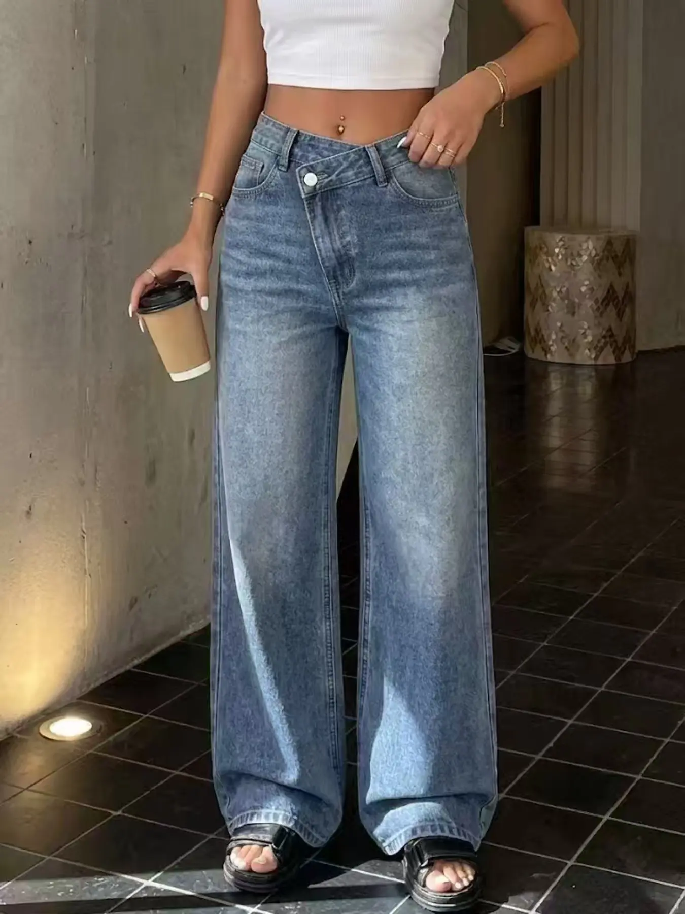 High Waist Wide Leg Baggy Jeans with Crossover Button, Vintage Blue Denim, European Style, Four Seasons Wear, Women's Long Pants