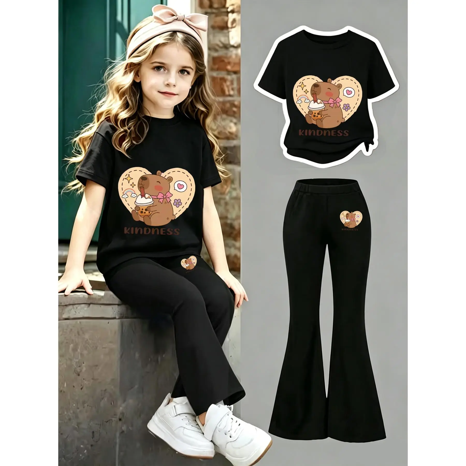 Summer Fashion Creative Cartoon Capybara Print Short Sleeve And Casual Flare Pants 2pcs Set for Girls, for Outdoor