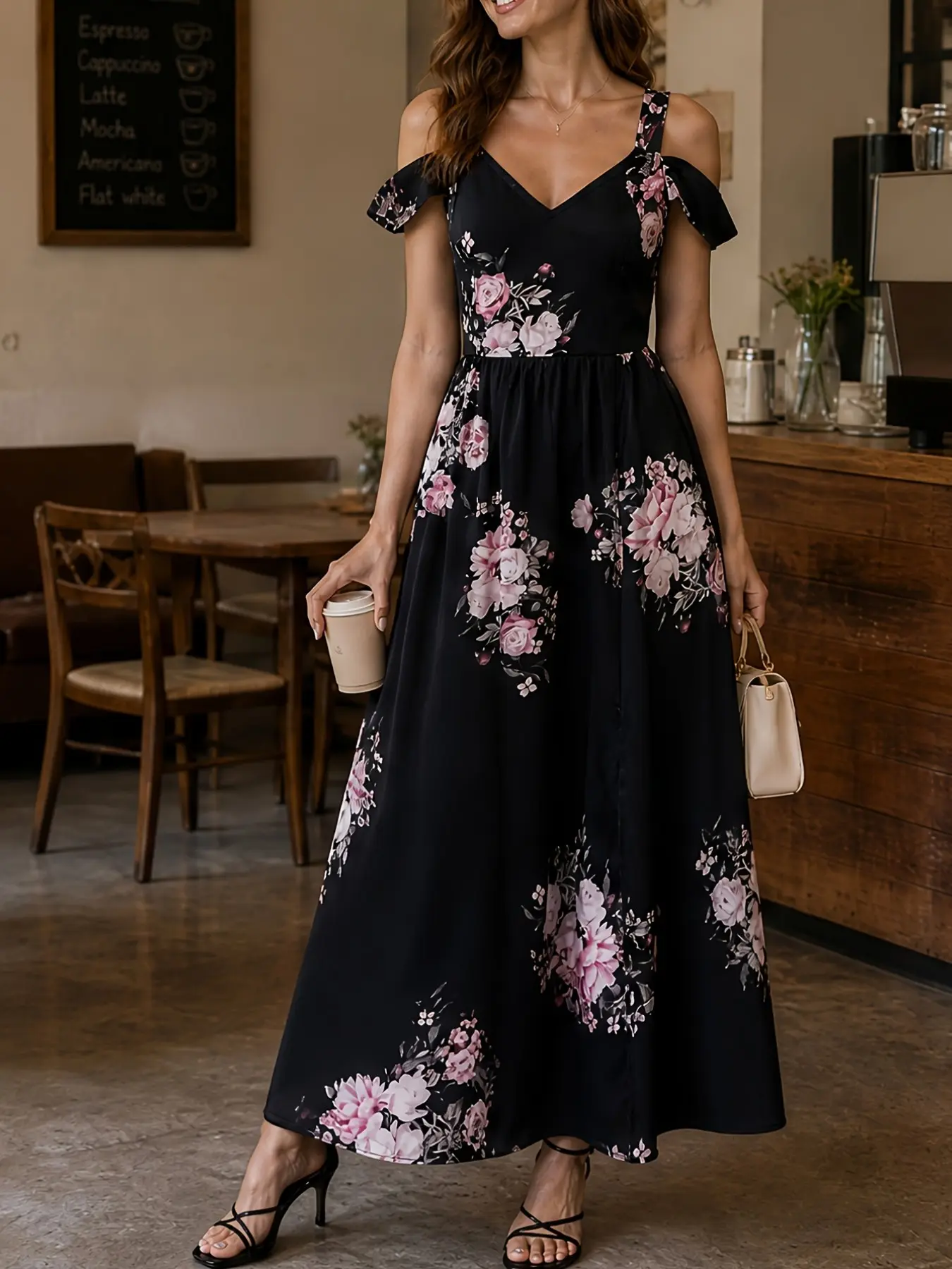 Elegant Chic Casual Aesthetic Summer Dress with Straps and Split Design, Full Print Breathable Maxi Dress, Perfect for Warm Weather Fashion