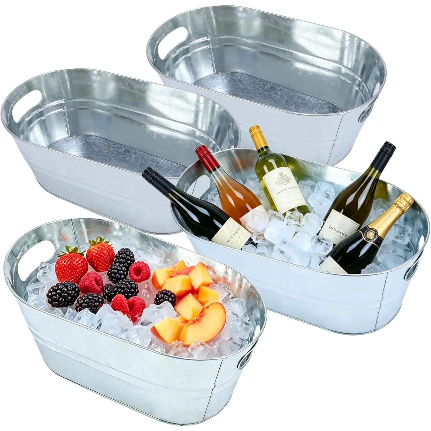 4 Pack of 3 Gallon Galvanized Tubs, Beverage Tubs, Ice Buckets for Parties, Drink Buckets for Parties, Beverage Tubs for Parties, Metal Ice Tub with Handle for Beer and Wine Cooling, Mimosa Bar Supplies.