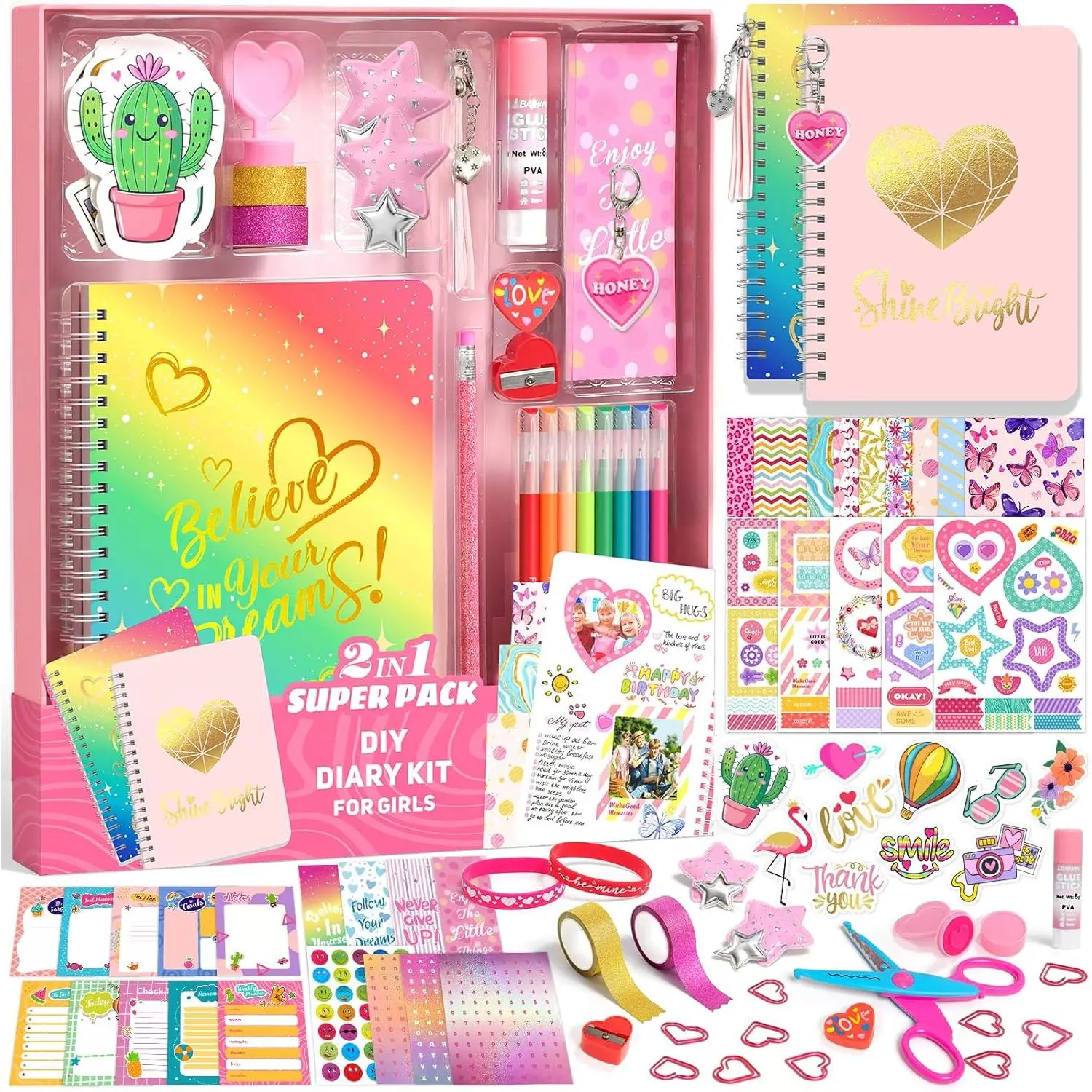 Axirata 2-Pack DIY Journal Kit for Girls, Journal Set for Tween & Teen Girl 6-8-14 Year Old, Scrapbook & Diary Supplies Toy Set, Art & Crafts Stationery Kit Birthday Christmas Ideal Gift for Girls