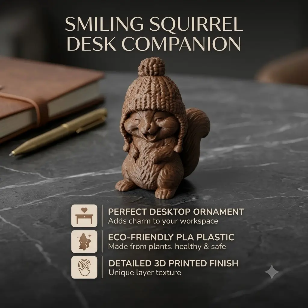 3D Printed Smiling Squirrel Desk Ornament, Knitted Hat Design, Elegant Office Desktop Decor, Small Statue for Bookshelf Decoration
