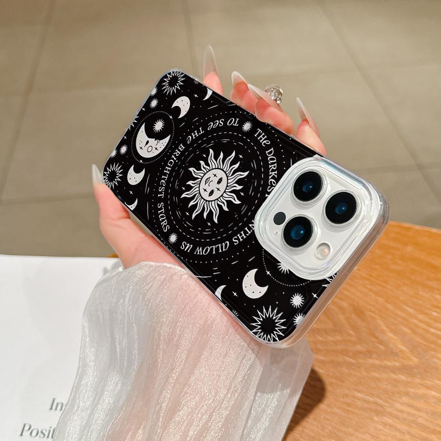 Space-themed large hole transparent sun and moon creative pattern phone case suitable for iPhone 17 16 15 14 13 12 11 Promax iPhone XS XR XSMAX. Creative and fashionable design, suitable for both men and women, a gift for friends, family, boyfriend, or gi