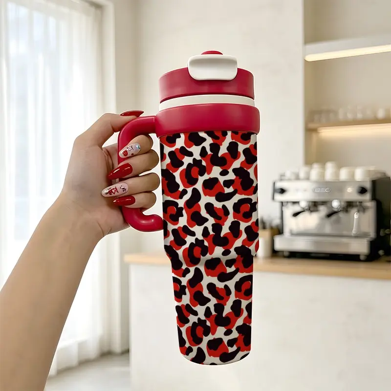 33oz Insulated Stainless Steel Tumbler with Handle, Leopard Pattern, Straw, Ideal for Sports, Home, Travel, Car, Christmas Gift, Insulated Drink Tumbler