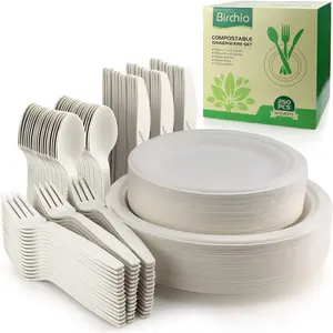 250 Piece Biodegradable Paper Plates Set, Disposable Dinnerware with Extra Long Forks, Knives & Spoons for Party, Picnic, BBQ & Family Events