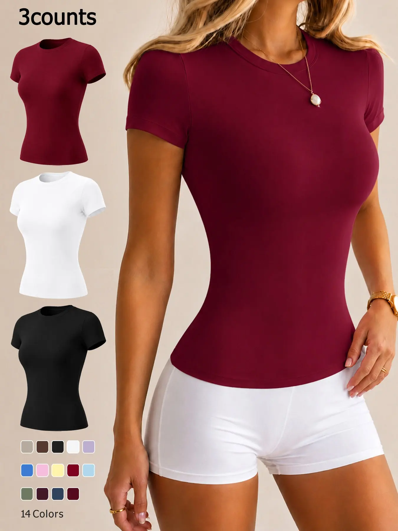 Women’s 3 Piece Workout Tops Short Sleeve Crew Neck Slim Fit T Shirts High Stretch Soft Comfortable Supportive Training Tops for Gym Running Yoga Fitness Breathable Sportswear Top