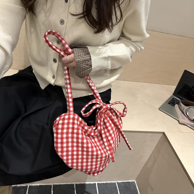 Women's Heart-Shaped Crossbody Bag with Bow and Checkered Pattern - Minimalist Handbag, Fixed Strap Magnetic Closure, Red - Elegant Daily Wallet, Bag, Versatile Fashion Accessory, Durable Fabric shoulder bags Large Soft Color Suede Kisslock Barrel