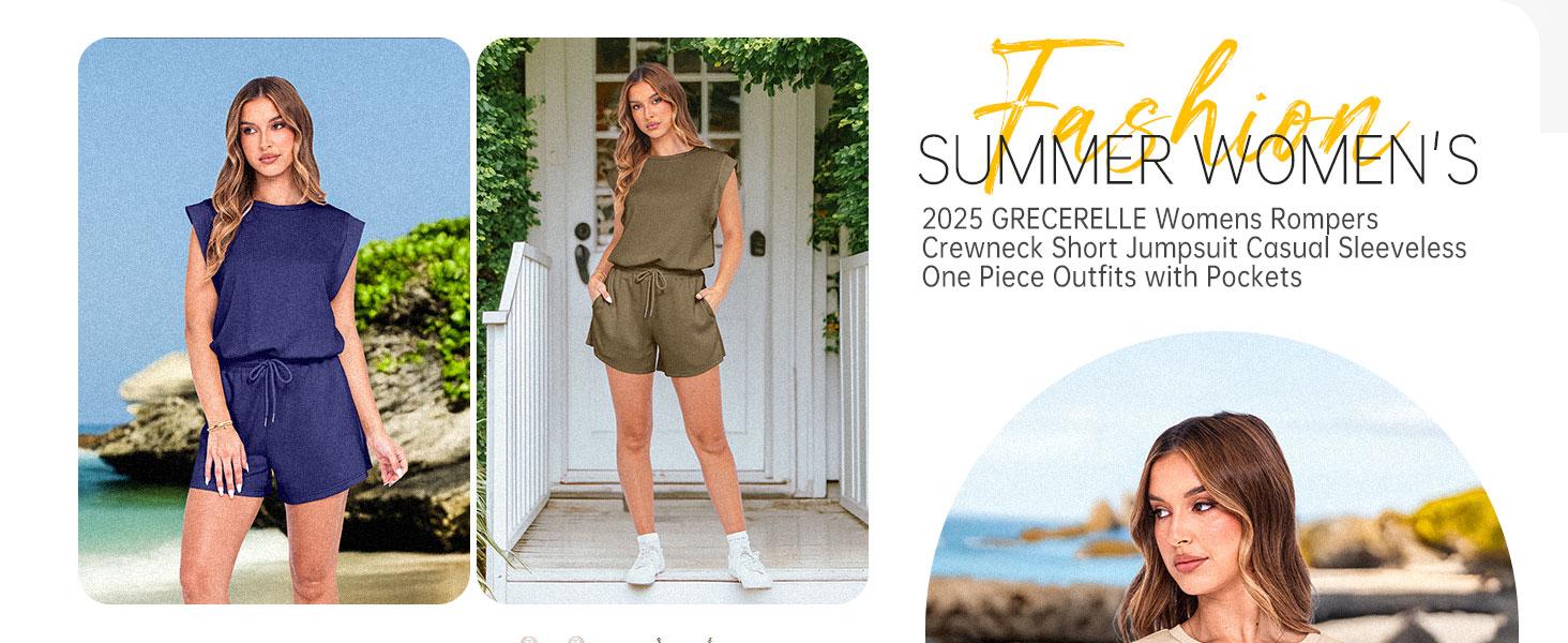 GRECERELLE Rompers For Women 2026 Summer Cap Sleeve Adjustable Drawstring Waistband Cozy Lounge Short Jumpsuit With Pocket