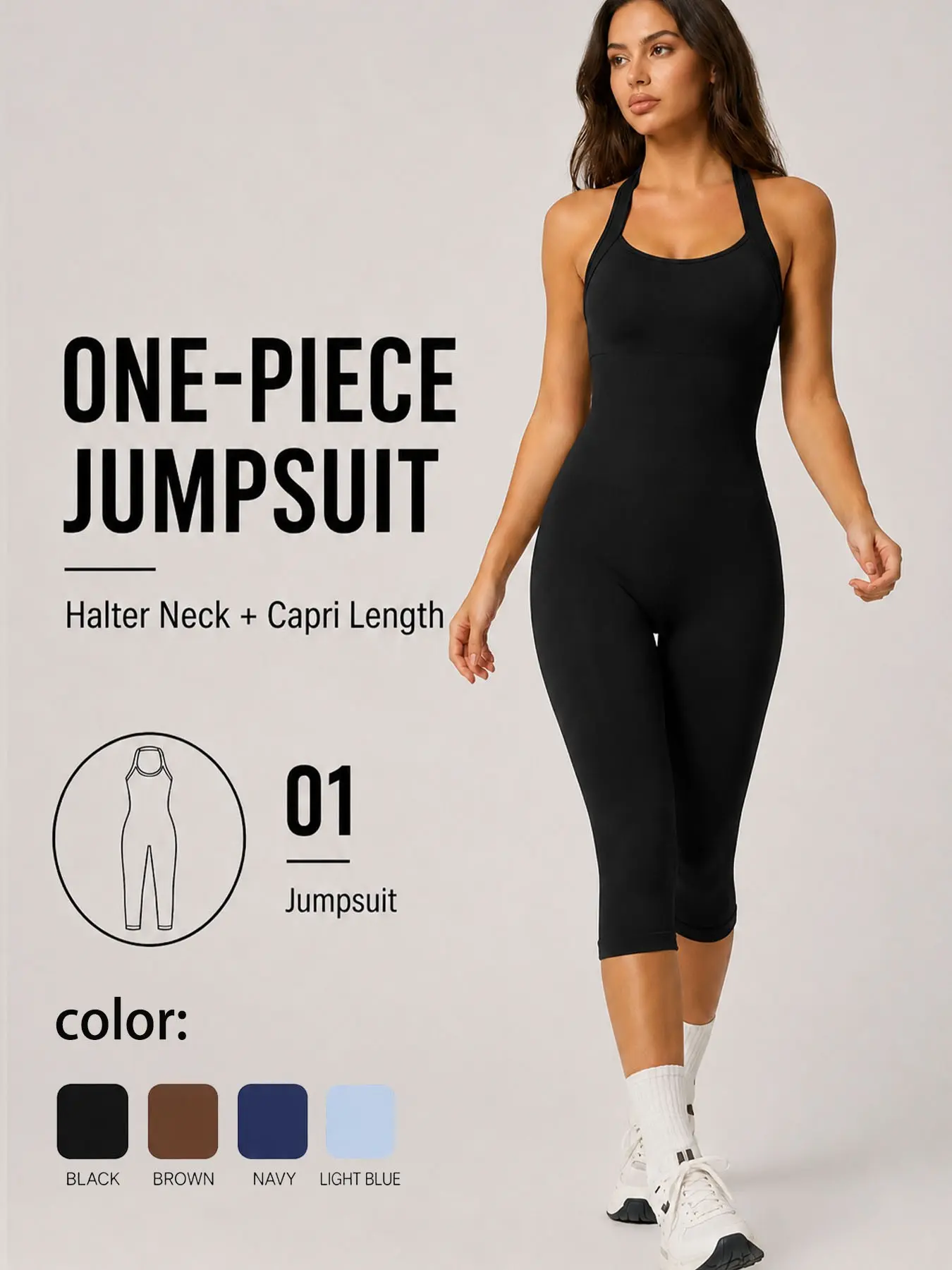 Fashion Women's Solid Color Halter Tight Seven-Quarter Bodysuit, Tummy Control Butt Lift Slim Fit, Yoga Pilates Dance Fitness Casual Wear