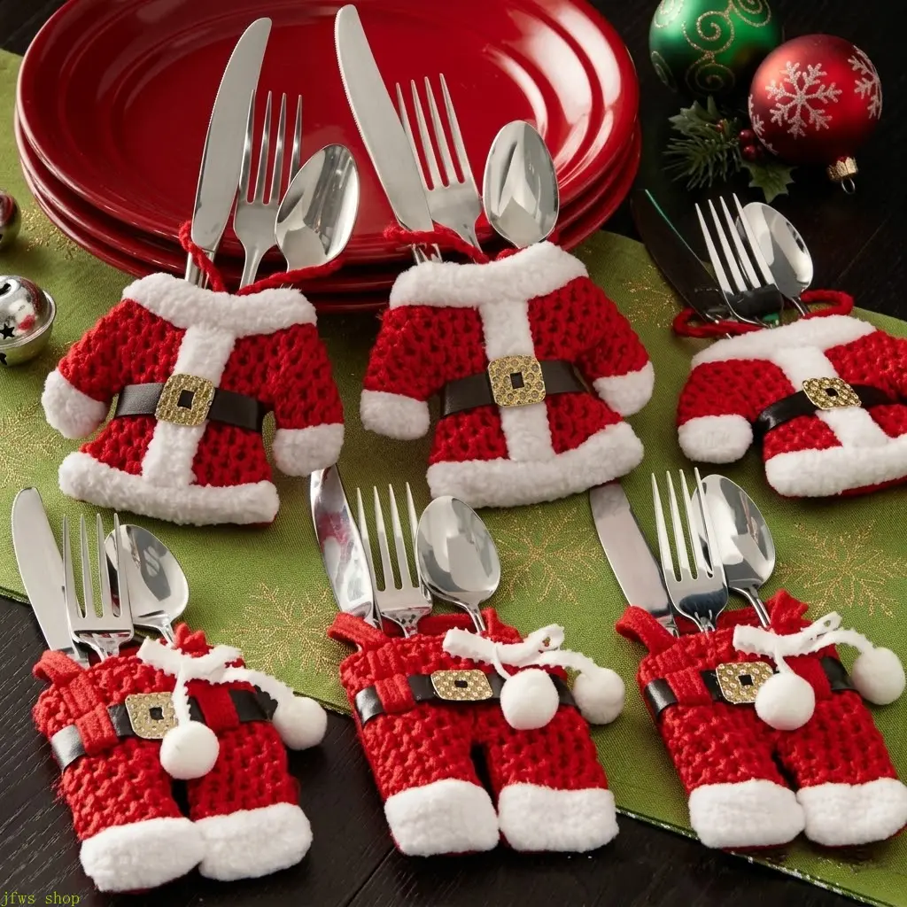 6-Piece Contemporary Polyester Santa Suit Cutlery Holders, Silverware Pockets for Knives & Forks, Party Decor for Xmas Dinner Table Decoration