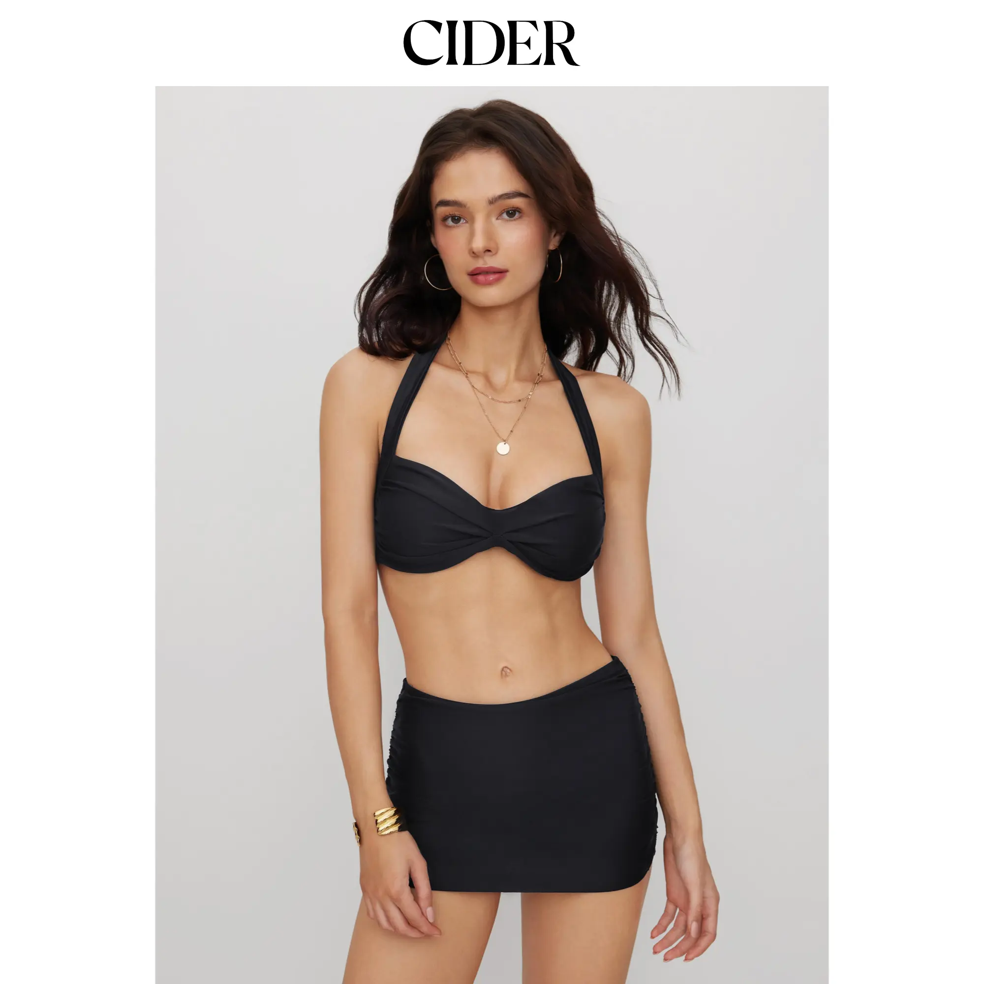 Cider Sweetheart Ruched Halter Full Coverage Bikini Set