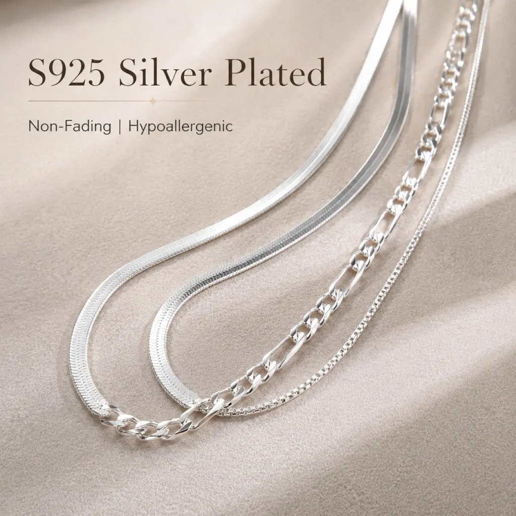Women’s S925 Silver-Plated 3-in-1 Layered Necklace Set, Dainty Stackable Herringbone-Figaro-Snake Chains, Adjustable 41/45/48cm with 5cm Extender, Hypoallergenic Choker Clavicle Jewelry for Daily Work, Date