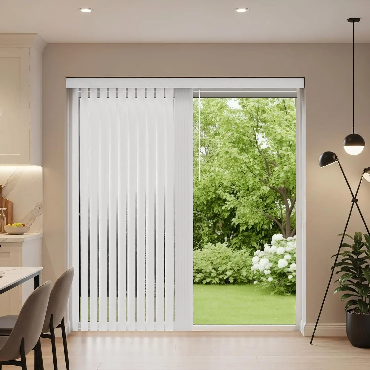 Vertical Blinds Custom Made to Your Size Curved - Color White | Heavy Duty PVC Sliding Door Blinds with Upgraded Self Aligning Headrail Track for Full Privacy - Includes Valance & Hardware