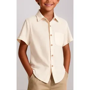 Boys Button Down Chambray Shirts Casual Short Sleeve Cotton Linen Shirt with Pockets for Kids 5-14 Years