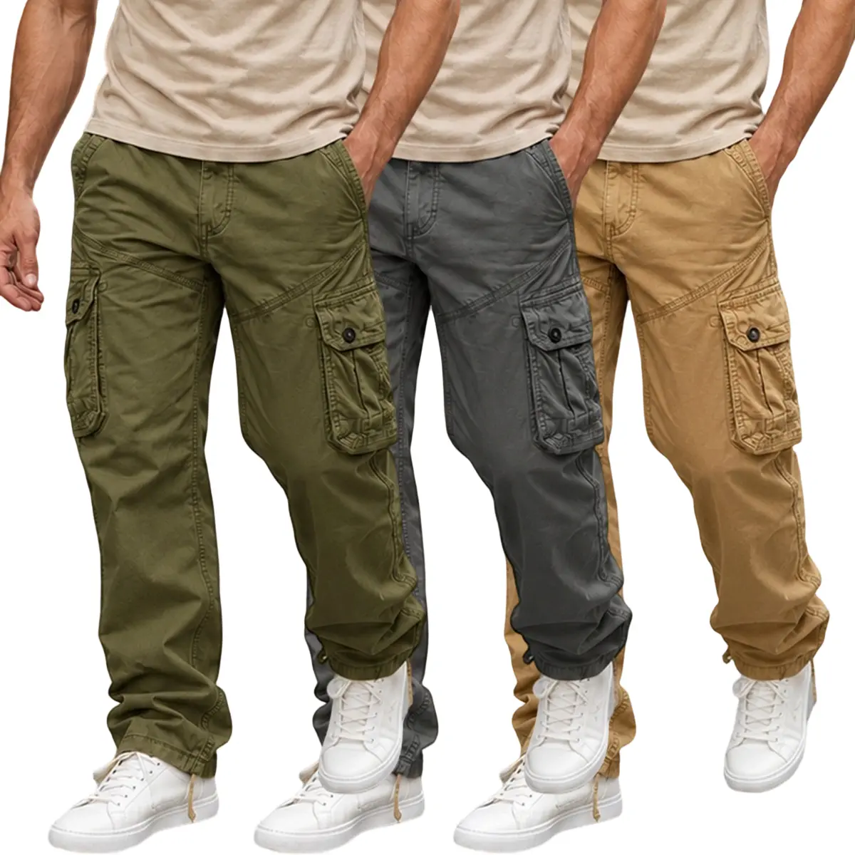 Men's 100% Cotton 3PCS Cargo Pants - Menswear, Mid Waist, Straight Leg, Multi-Pocket, Adjustable Hem, Durable, Plain, All Season, Athletic Chic Workwear Utility Bottoms for Casual Outdoor Use No Iron Khaki Classic Fit cuffed, Cargo Trousers