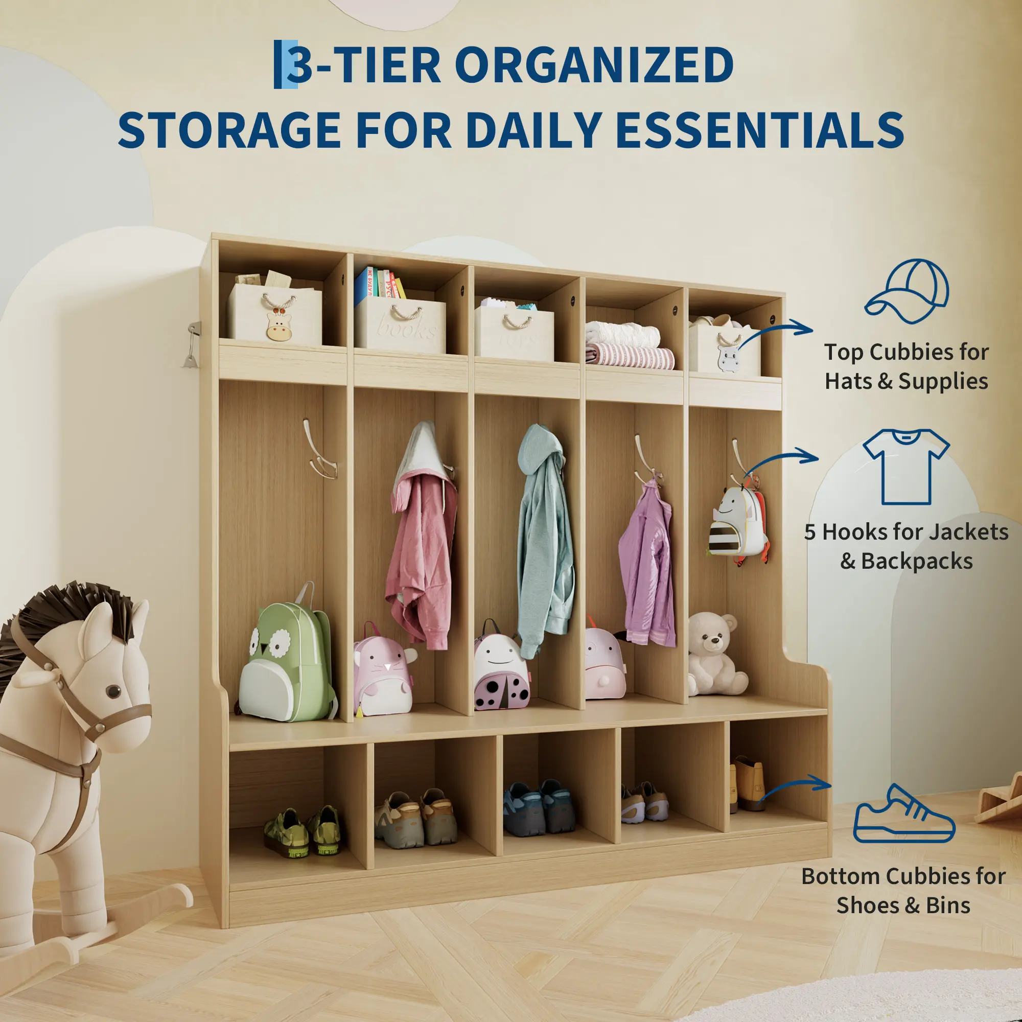 5 Cube Closet Organizer Storage Shelves Portable Clothes Organizers and Storage with 5 Hooks, Wooden Preschool Coat Locker for Backpacks, Jackets and Shoes, Freestanding Cabinet for Daycare, Classroom, Playroom, Entryway