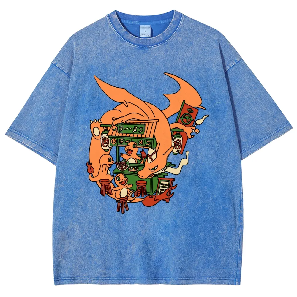 Unisex Fantasy Dragon Cuisine Japanese Night Market Ramen pocket Graphict Washed T-Shirt Personalized Pattern Y2k Clothing Round Neck Washed T-Shirt,Women's Clothing 100% Cotton, Menswear, Top, Vintage Style,Summer Casual Oversized