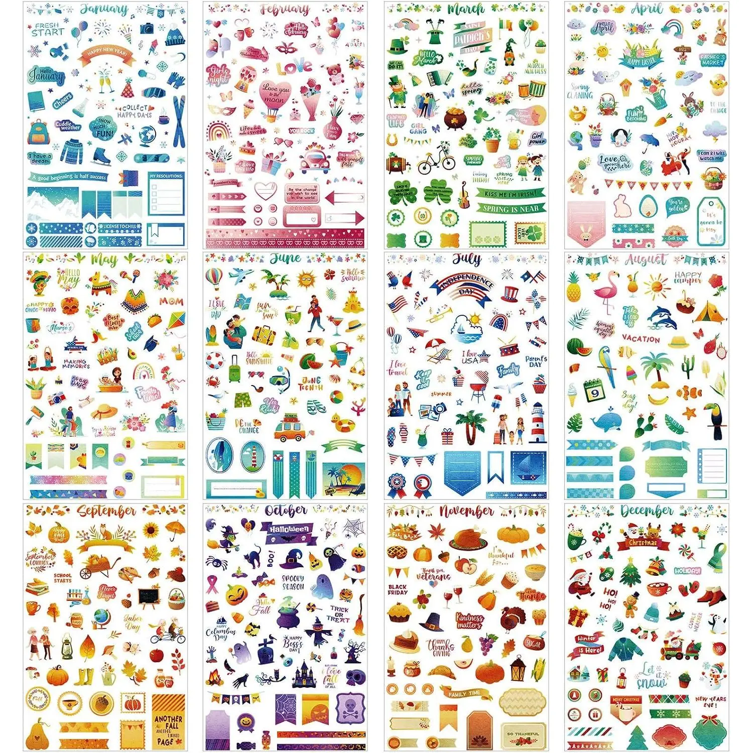 24 Sheets Monthly Planner Stickers Holiday Seasonal Birthday | 12 Month Designs, Seasonal Scrapbooking Stickers, Calendar Labels for Journals, Holiday Celebrations Planning Decor