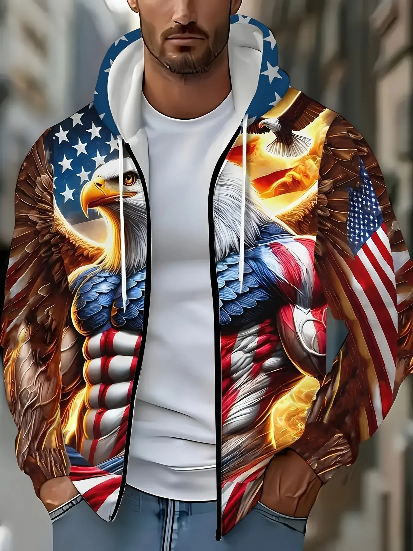 Men's Zipper Hooded Jacket, American Flag Eagle Muscle Creative Print, Casual Streetwear Pullover, All Seasons Outer Vest