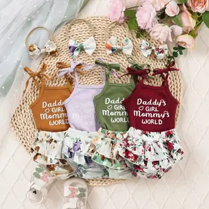 Baby Girls 3Pcs Summer Outfits, Sleeveless Self-Tie Strap Rib Knit Romper + Bloomer Shorts + Headband Set,pcs Girls' Summer Set,Romper with Floral-Print Shorts,Perfect for Outdoor