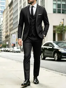 Men's Solid Color Slim Fit Suit Three Piece Set, Business Casual Formal Wear, Groom Wedding, Versatile Blazer Vest Pants Set