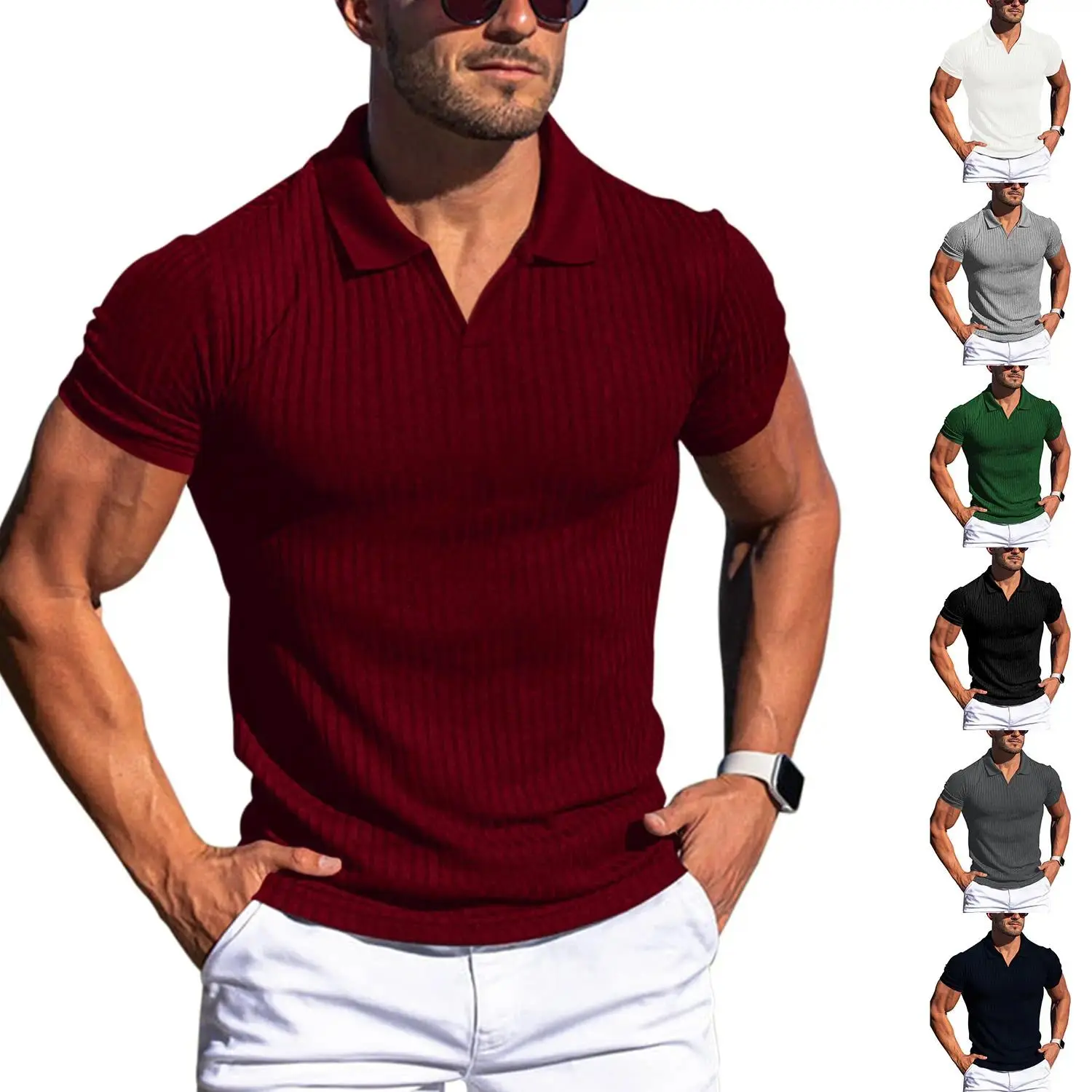 Men's Casual Summer Polo Shirt – Cross-Border Style, Short-Sleeve, V-Neck/Collar Design, Suitable for Business & Daily Wear