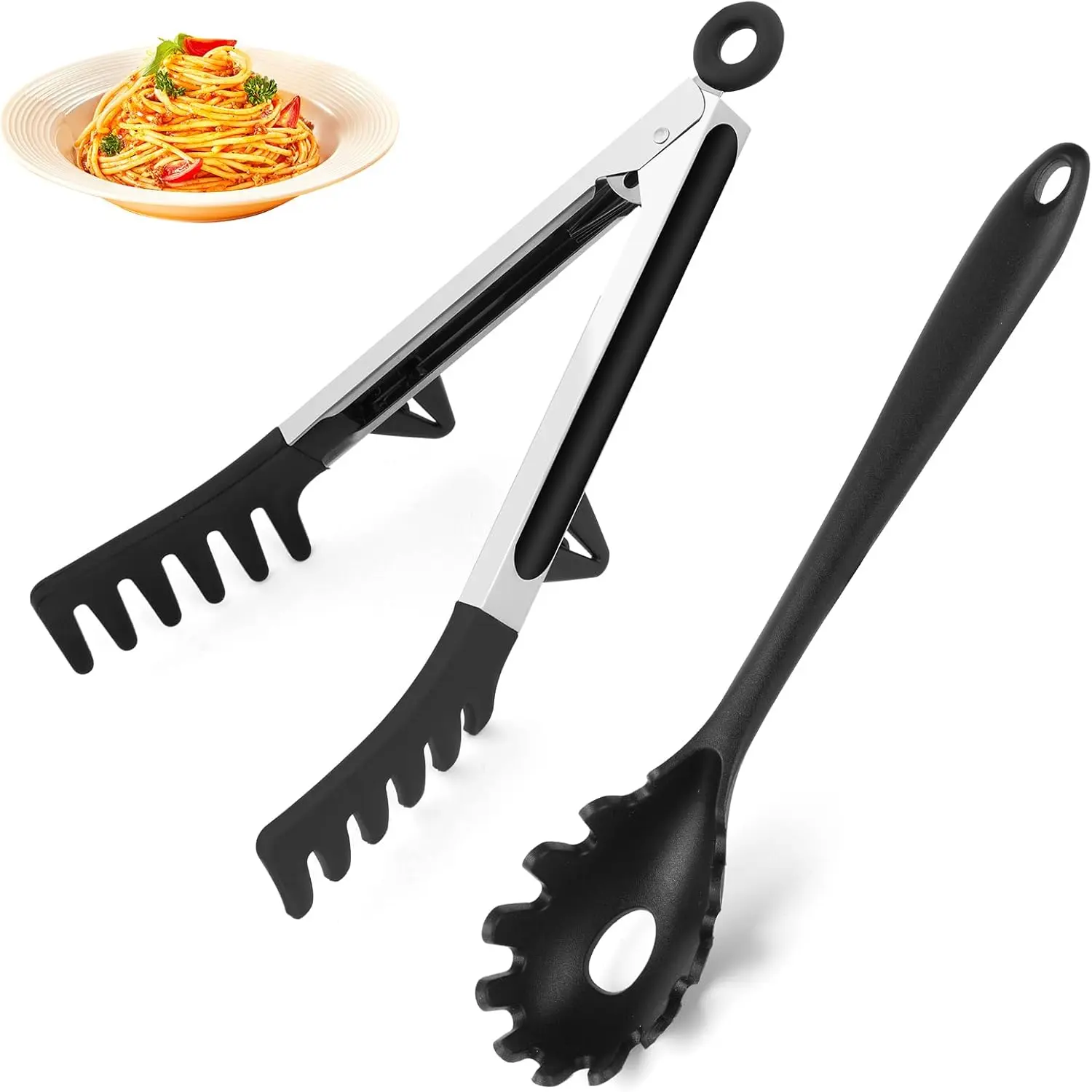 Upgraded  Spaghetti Spoon and Pasta Tong Set – Sturdy Pasta Fork with , Noodle Spoon Server, and Multi-Purpose Tongs for Cooking and Serving